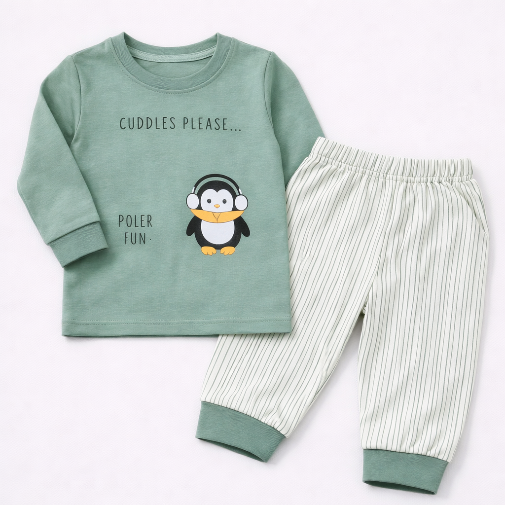 Cucumber Polar Fun Baby Set – Penguin Graphic Top & Striped Jogger Pants  - Cutypi