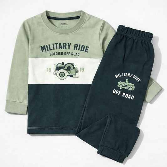 Cucumber Kids Military Ride Off Road Printed Green & Black Tracksuit Set  - Cutypi