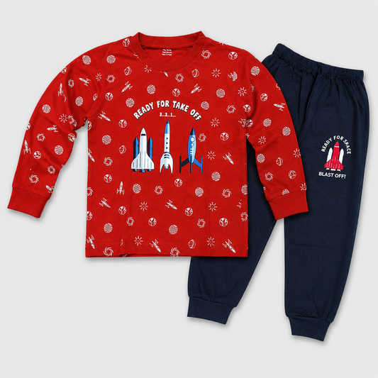 Baby Ready For Space Blast Off Red & Navy Tracksuit Set