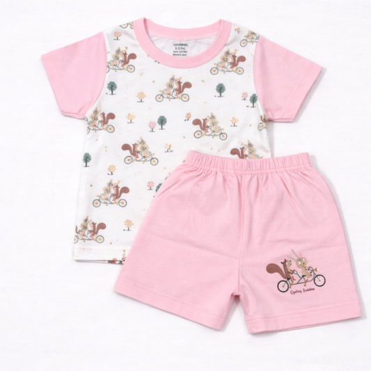 Cucumber Baby Cute Animal Bicycle Print Pink T-Shirt & Shorts Set  - Cutypi