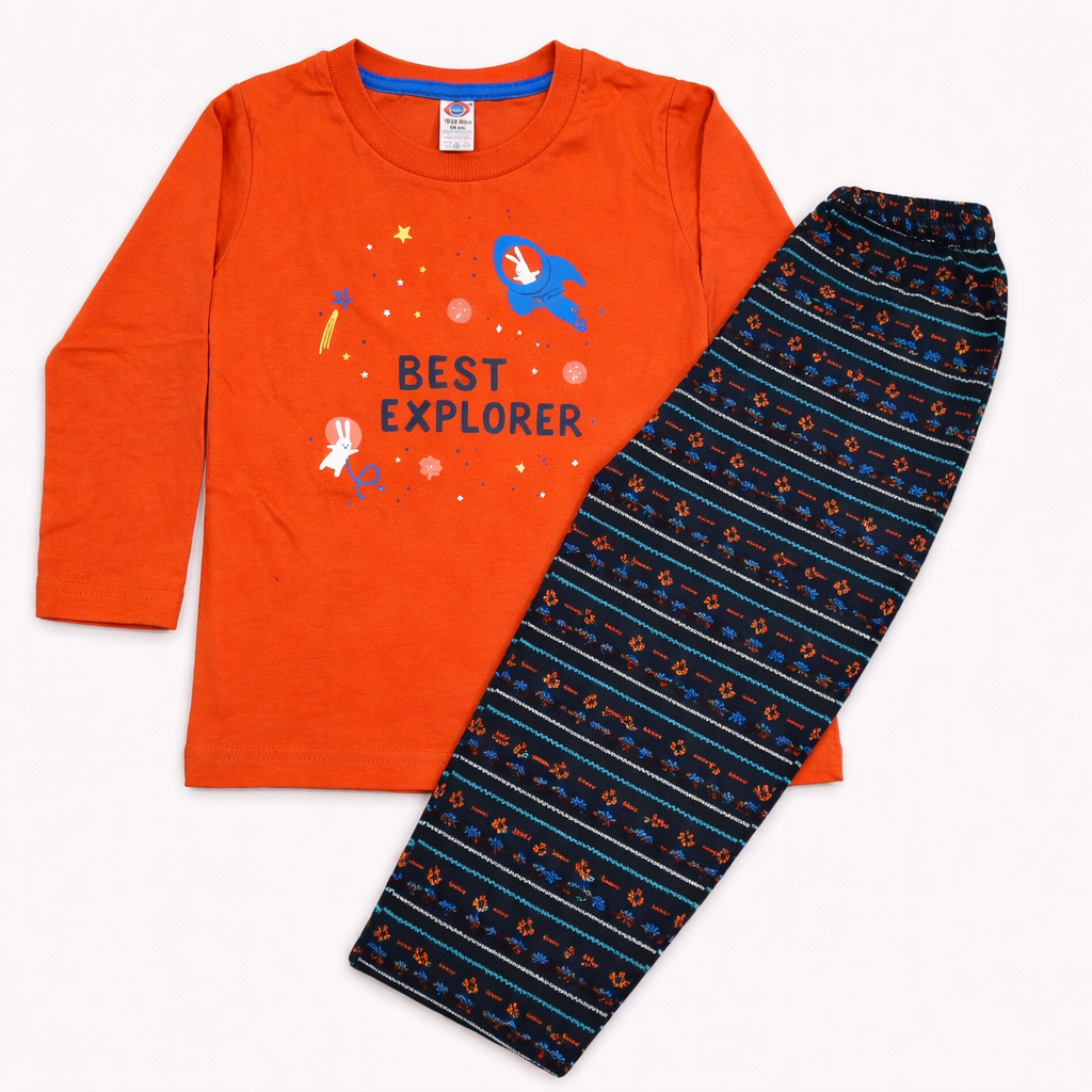 Zero Bedtime Explorer Kids Suit – Rocket Print Full Sleeve Pant - Orange  - Cutypi