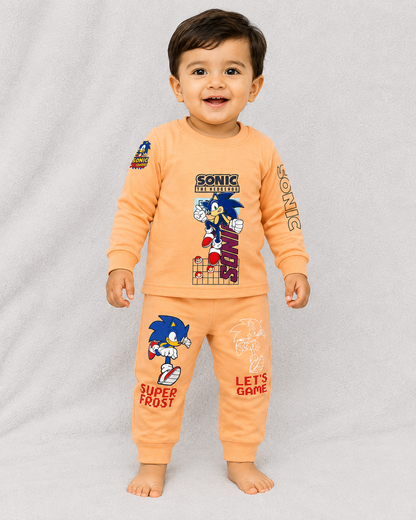 Boys Sonic Print Full Sleeve T-Shirt & Jogger Set – Casual Wear Orange