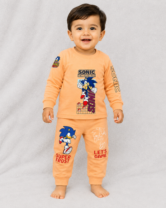 Boys Sonic Print Full Sleeve T-Shirt & Jogger Set – Casual Wear Orange