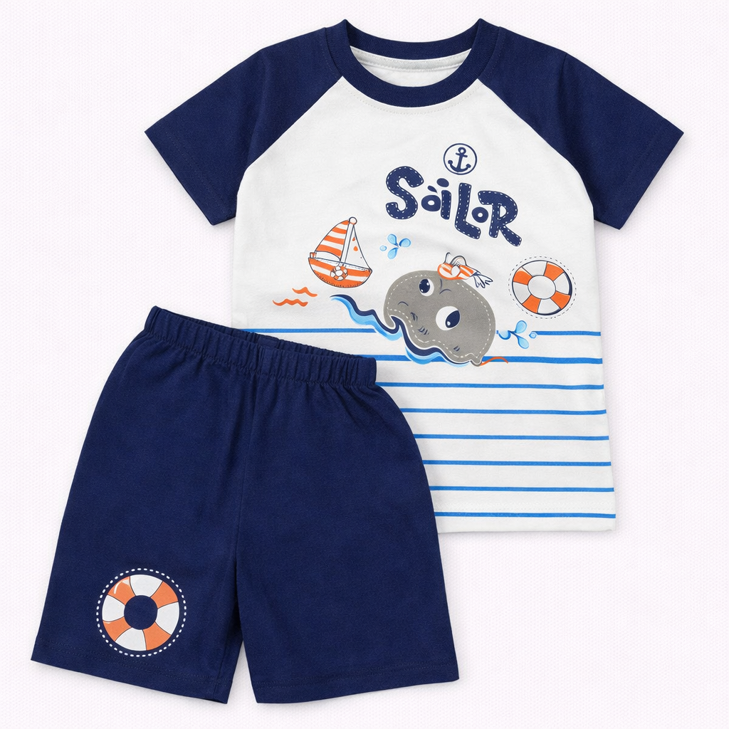 Kandyfloss  Baby Boys Sailor Print T-Shirt & Shorts Set Cotton Summer Outfit  - Cutypi