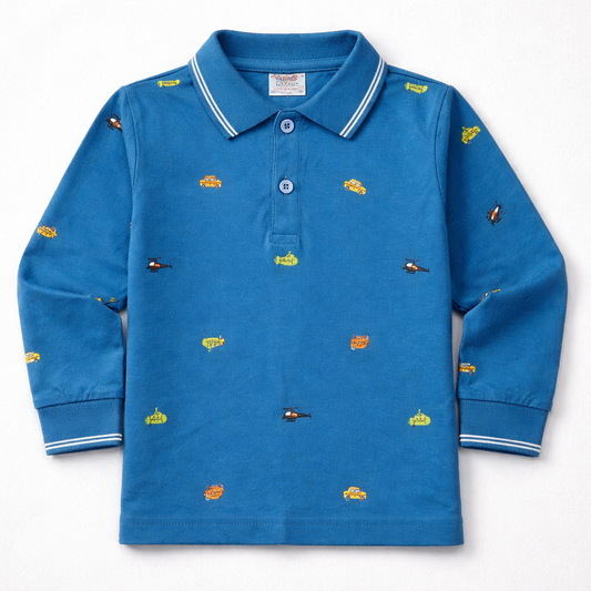 Zero Blue Vehicle Print Full Sleeve Polo T-Shirt for Kids - Cutypi