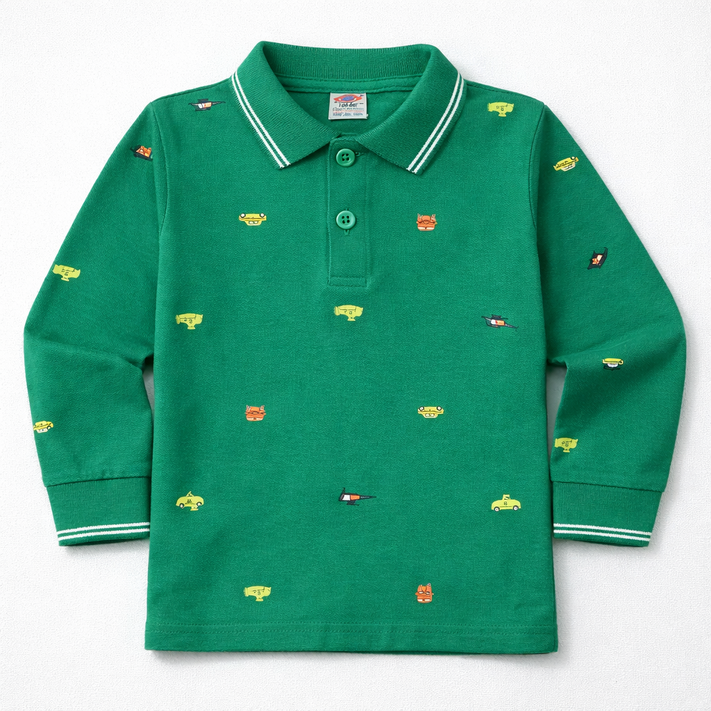 Zero Green Vehicle Print Full Sleeve Polo T-Shirt for Kids - Cutypi