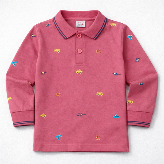 Zero Rose Vehicle Print Full Sleeve Polo T-Shirt for Kids - Cutypi