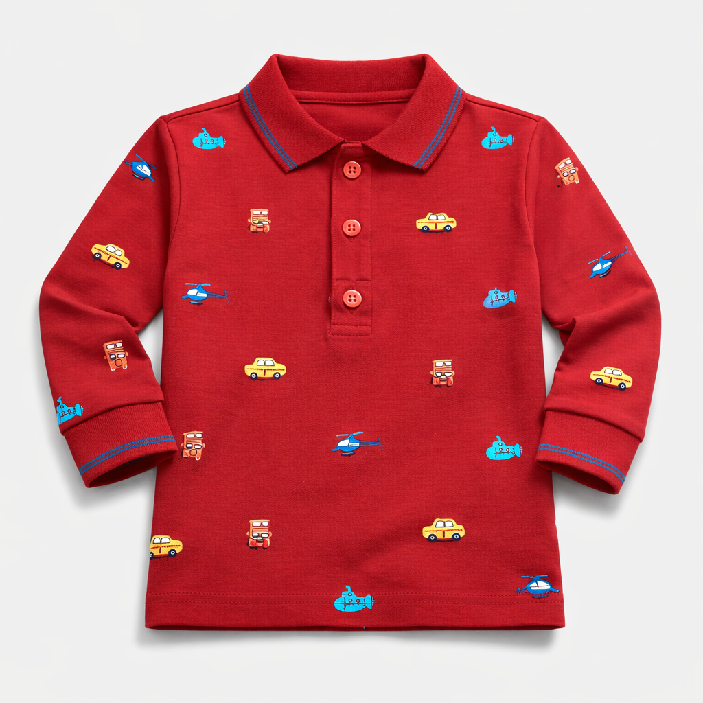 Zero Vehicle Print Full Sleeve Polo T-Shirt for Kids - Red - Cutypi