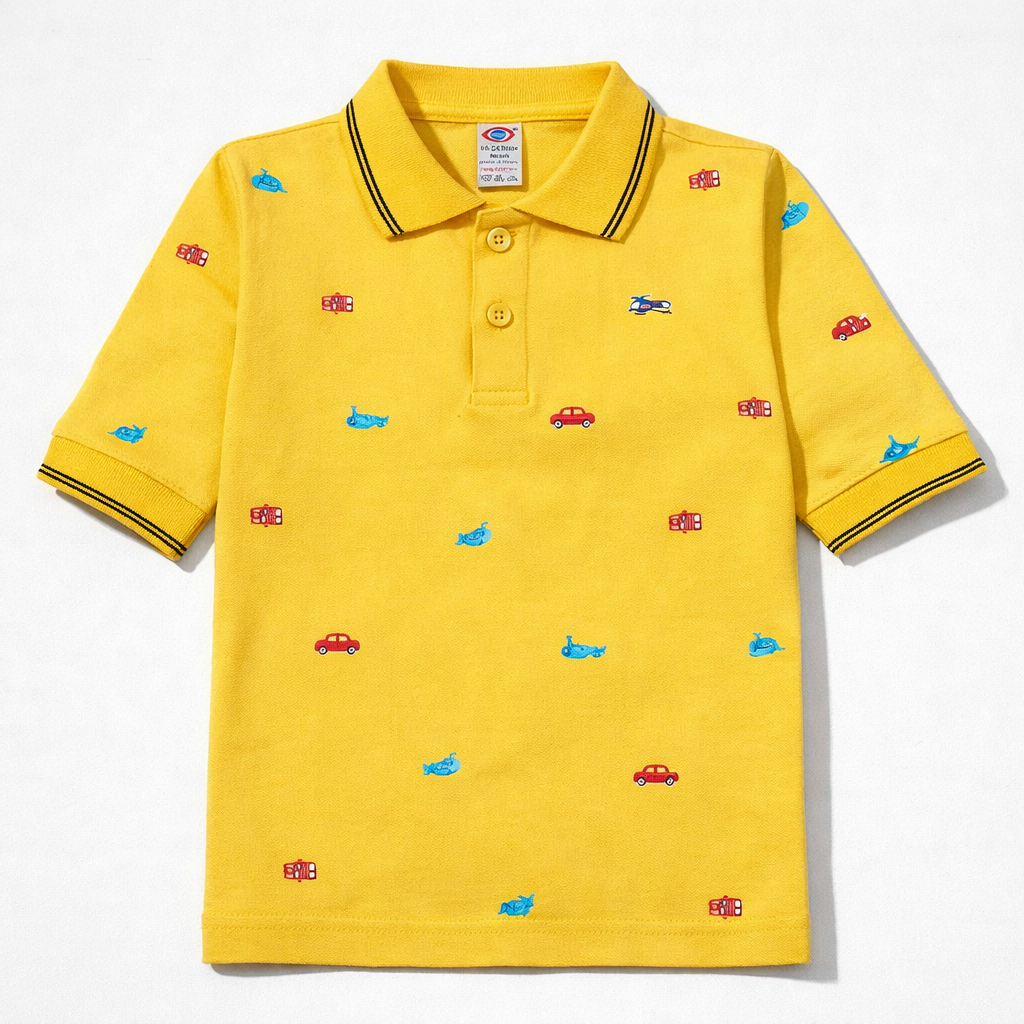 Zero Vehicle Print Full Sleeve Polo T-Shirt for Kids - Yellow - Cutypi