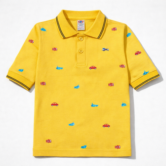 Zero Vehicle Print Full Sleeve Polo T-Shirt for Kids - Yellow - Cutypi