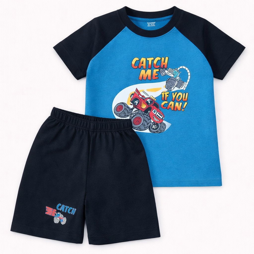 Cutypi Baby Boys Blue Printed T-Shirt & Navy Shorts Set Cotton Summer Outfit  - Cutypi