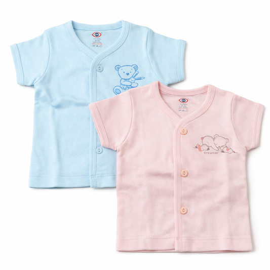 Baby Front Open Cotton T-Shirt – Teddy & Dreamer Print (Blue & Pink) - Set of 2