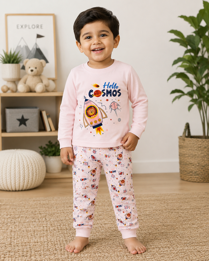 Cucumber Boys Cotton Suit Set – Hello Cosmos Printed Full Sleeve Top & Pajama - Dark Pink