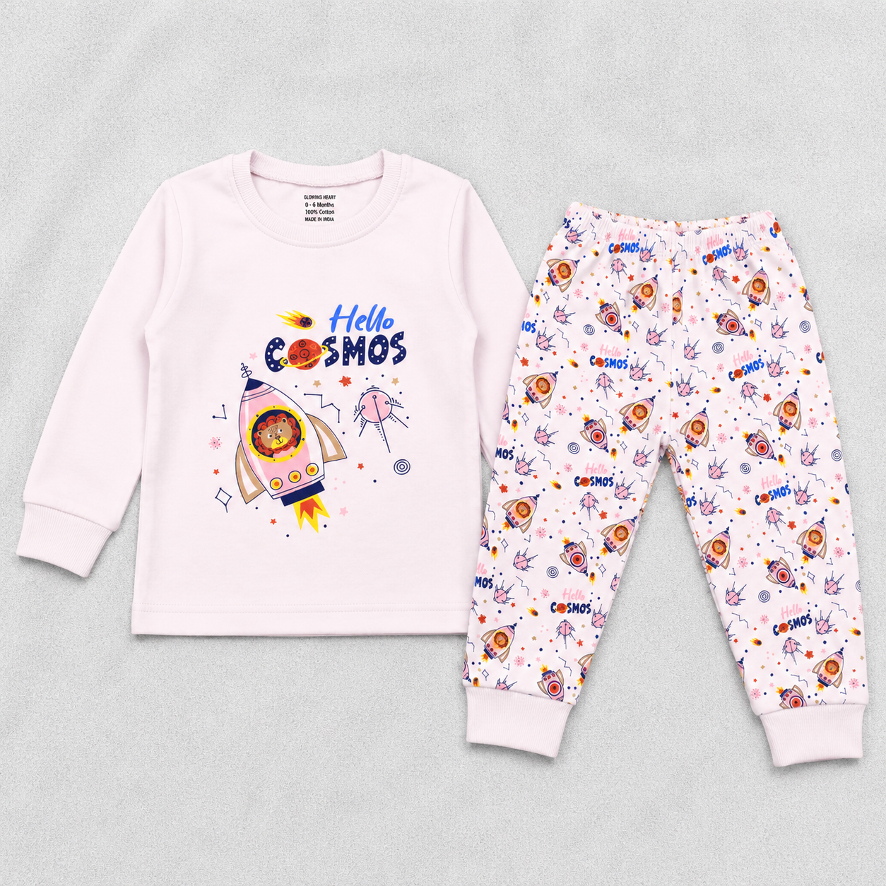 Cucumber Boys Cotton Suit Set – Hello Cosmos Printed Full Sleeve Top & Pajama - Light Pink