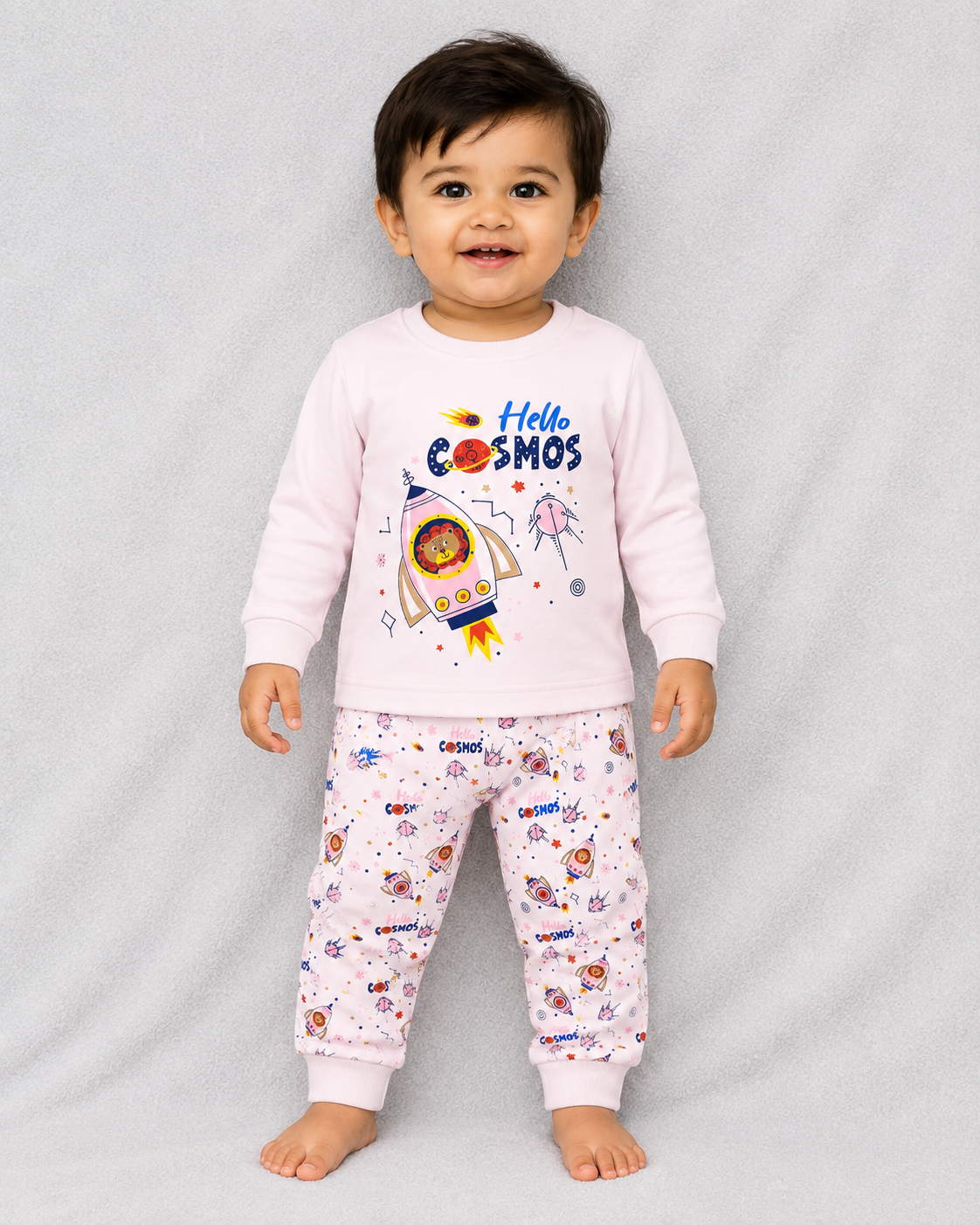 Cucumber Boys Cotton Suit Set – Hello Cosmos Printed Full Sleeve Top & Pajama - Light Pink