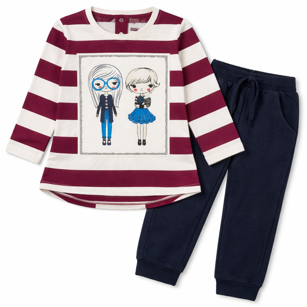 Cucumber Cute Girls Printed Striped Dress with Leggins- Maroon