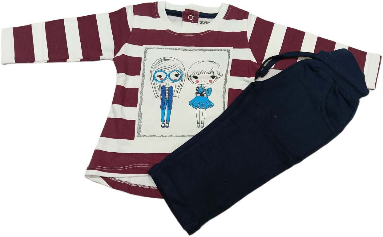 Cucumber Cute Girls Printed Striped Dress with Leggins- Dark Blue