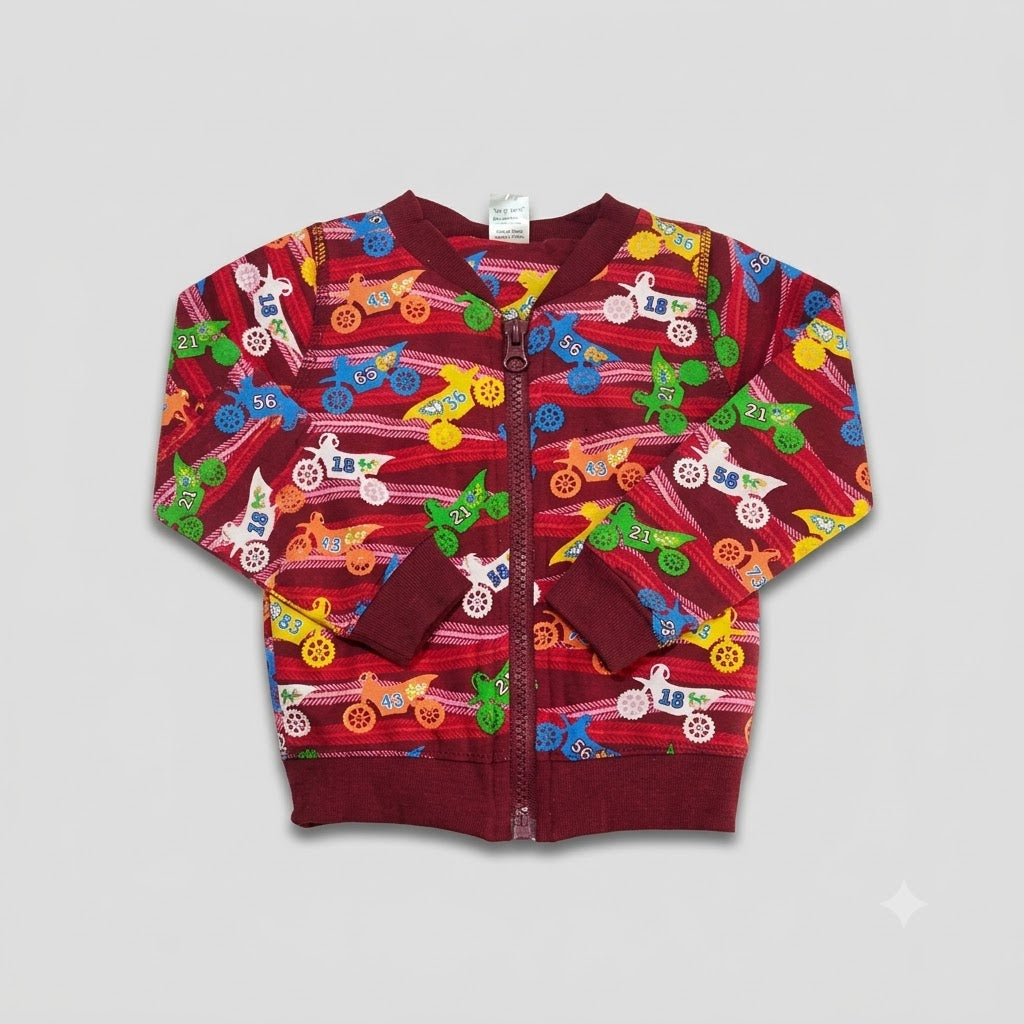 Cucumber kids maroon fleece jacket with colorful motorcycle print and front zip for winter wear