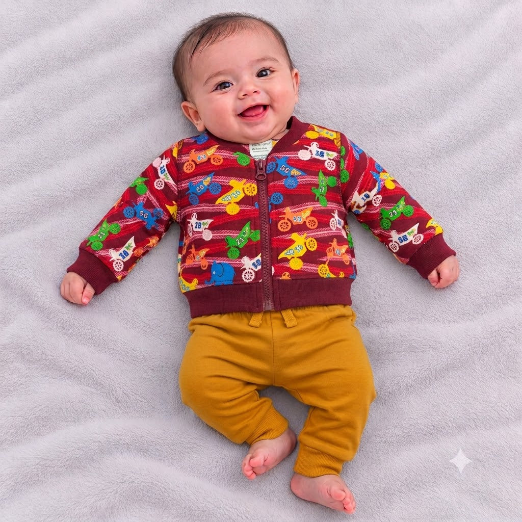 Cucumber Kids Maroon Fleece Jacket | Full Sleeve Printed Winter Wear