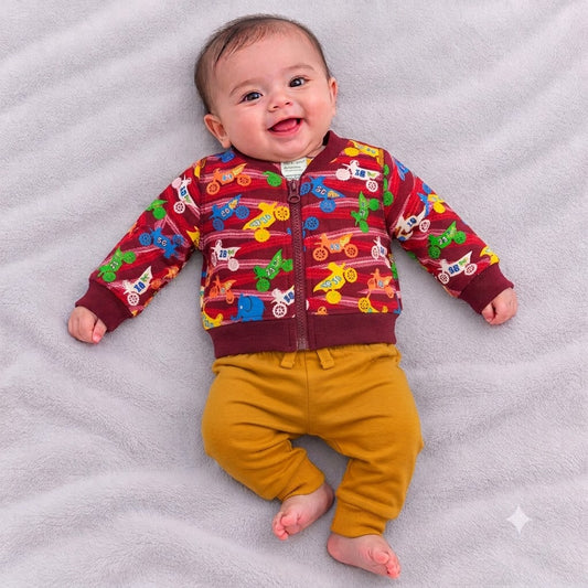 Cucumber Kids Maroon Fleece Jacket | Full Sleeve Printed Winter Wear