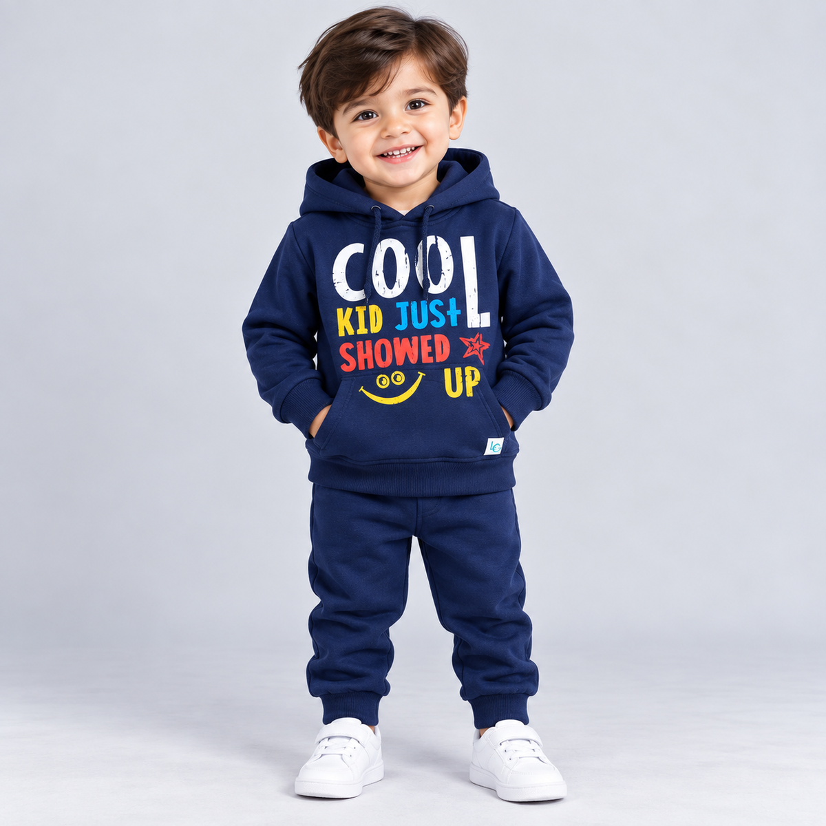 Little Ones kids navy blue fleece hoodie with colorful Cool Kid graphic print and drawstring hood for winter