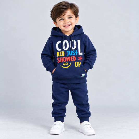 Little Ones kids navy blue fleece hoodie with colorful Cool Kid graphic print and drawstring hood for winter