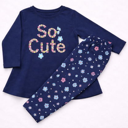 Cucumber Baby Girl Cotton Suit Set Blue So Cute Top and Floral Pajama Set - Cutypi