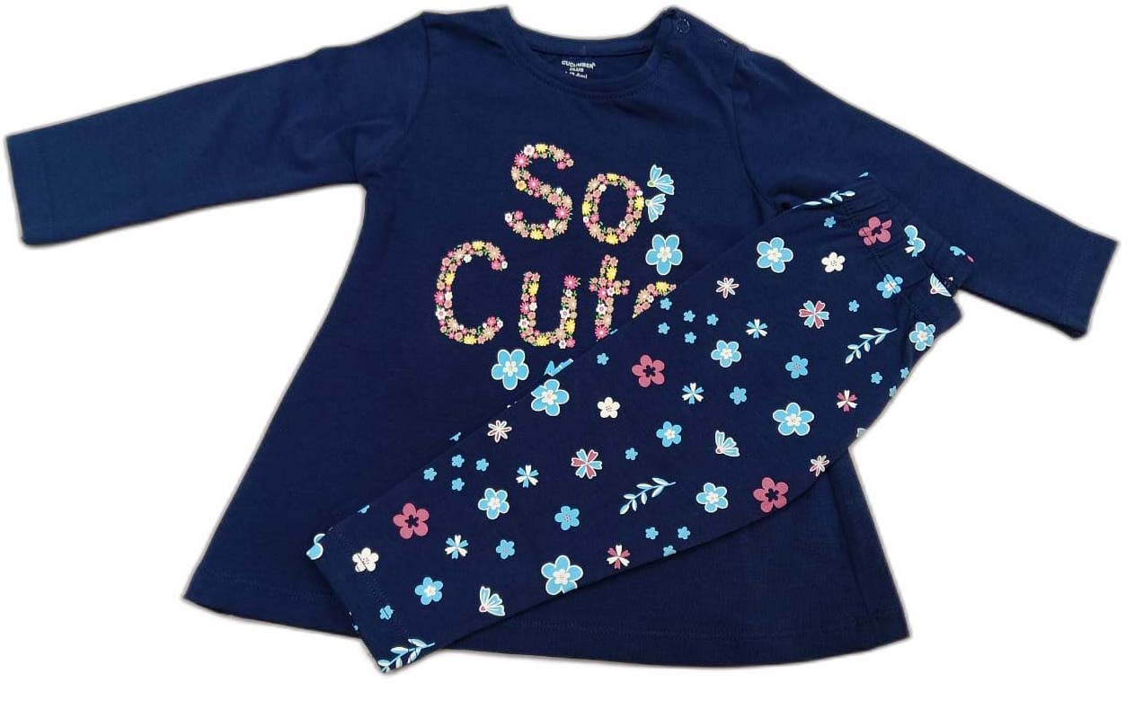 Cucumber Cute Girls Printed A-Line Dress with Leggins- Dark Blue