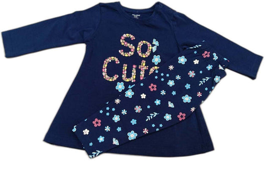 Cucumber Cute Girls Printed A-Line Dress with Leggins- Dark Blue