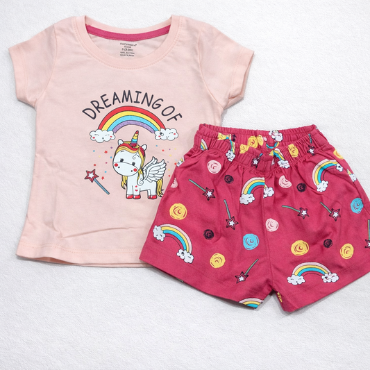 Cucumber Baby Girls Unicorn Printed T-Shirt & Shorts Set Cotton Summer Outfit - Cutypi