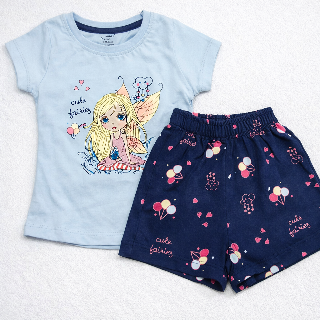 Cucumber Baby Girls Cute Fairies Printed T-Shirt & Shorts Set Cotton Summer Outfit - Cutypi