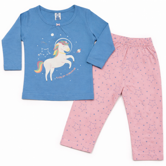 Teddy Baby Girls Unicorn Print Night Suit Set Blue Top Pink Star Pants Cotton Sleepwear - Cutypi