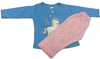 Girl Full Sleeves Unicorn Print Suit - Blue