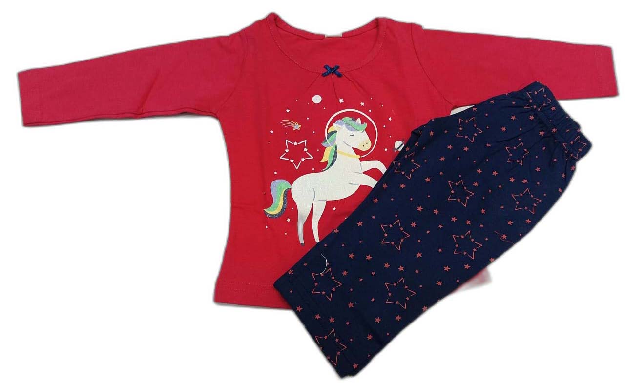 Girl Full Sleeves Unicorn Print Suit - Red