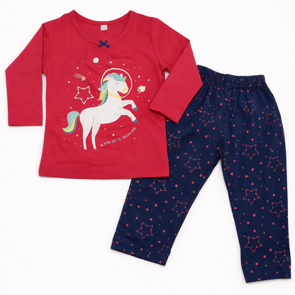 Teddy Baby Girls Unicorn Print Night Suit Set Red Top Blue Star Pants Cotton Sleepwear - Cutypi