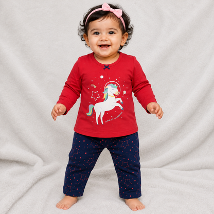 Baby Girls Unicorn Print Suit Set Red Top Blue Star Pants Cotton Sleepwear