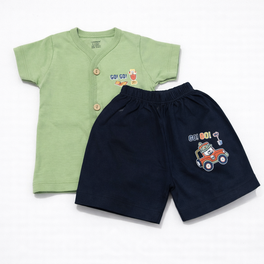 Cucumber Baby Go Go Car Print Front Open Green T-Shirt & Navy Shorts Set  - Cutypi