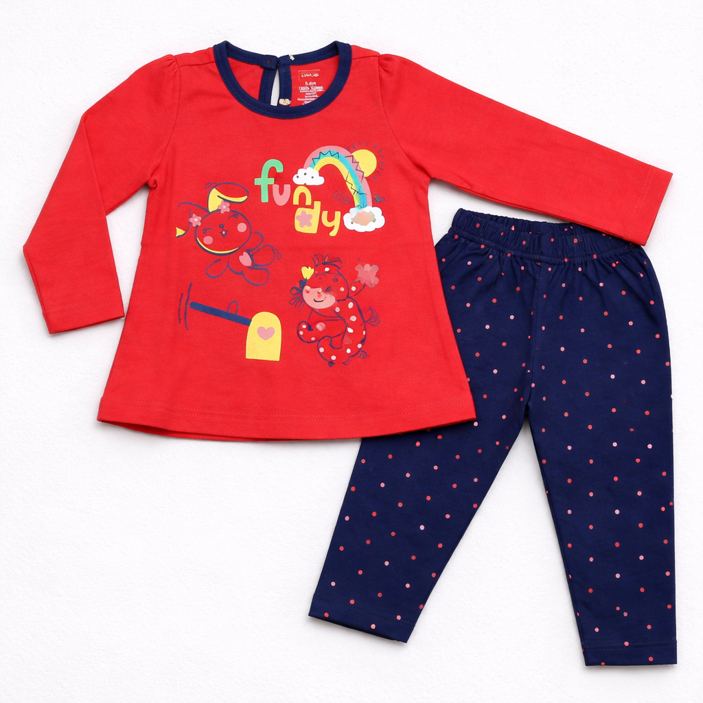 Luvlap Baby Girls Printed Full Sleeve T-Shirt with Polka Dot Pants Set Cotton Outfit - Cutypi