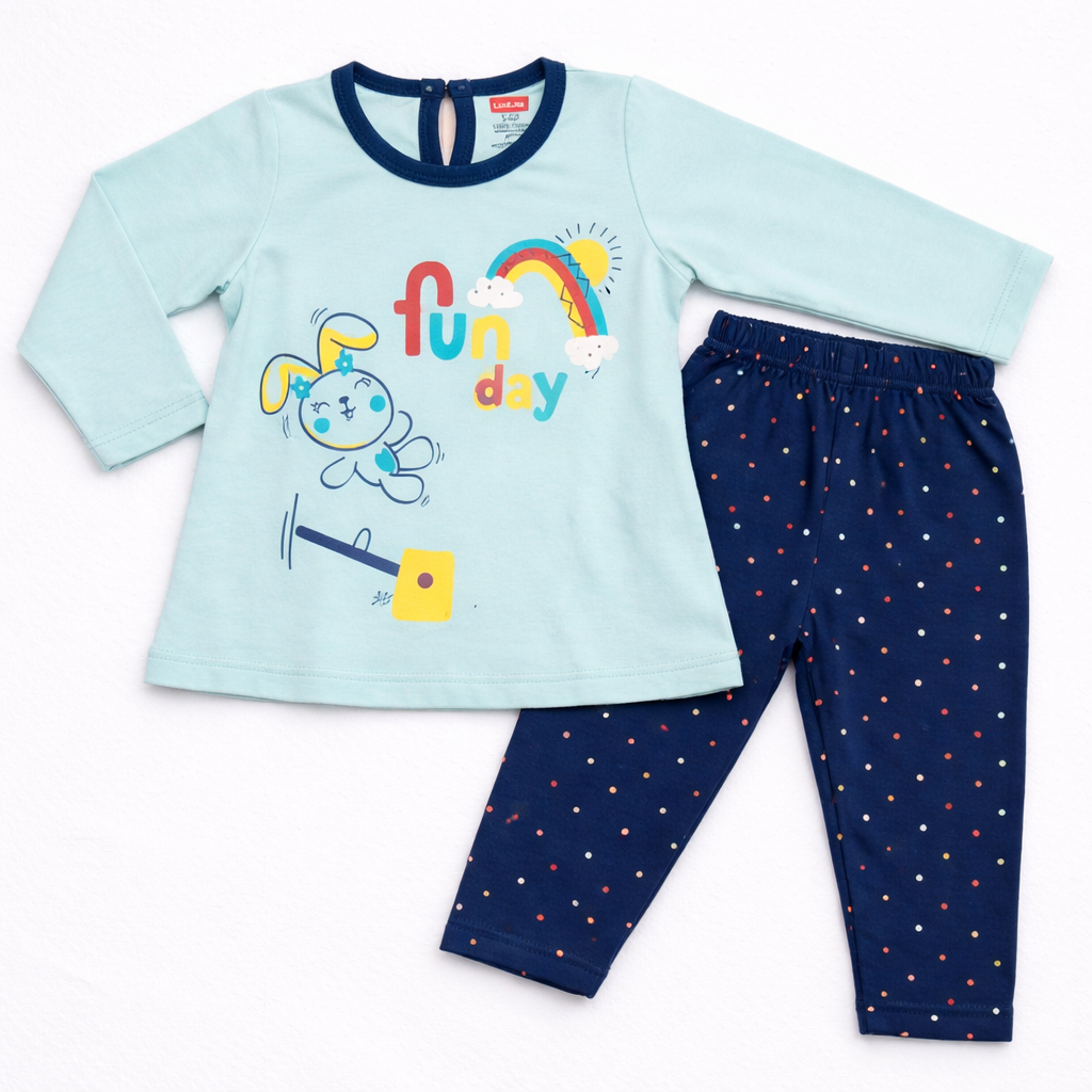 Luvlap Baby Girls Printed Full Sleeve T-Shirt with Polka Dot Pants Set Cotton Outfit - Cutypi