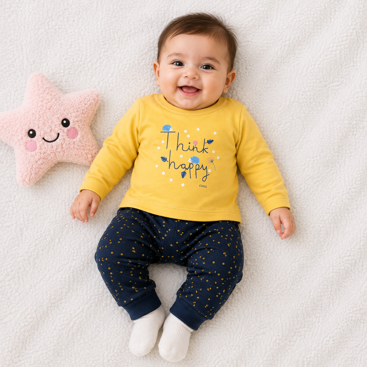 Cucumber Baby Cotton Suit Set Yellow Think Happy Top and Printed Pajama Set