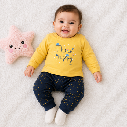 Cucumber Baby Cotton Suit Set Yellow Think Happy Top and Printed Pajama Set
