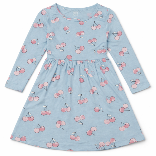 Baby Girl Full Sleeves Floral Print Frock - Sky Blue