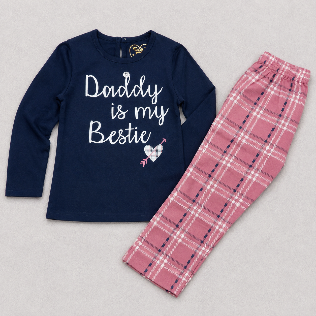 Grow Girls Navy Blue T-Shirt & Pink Check Pajama Set | Kids Nightwear
