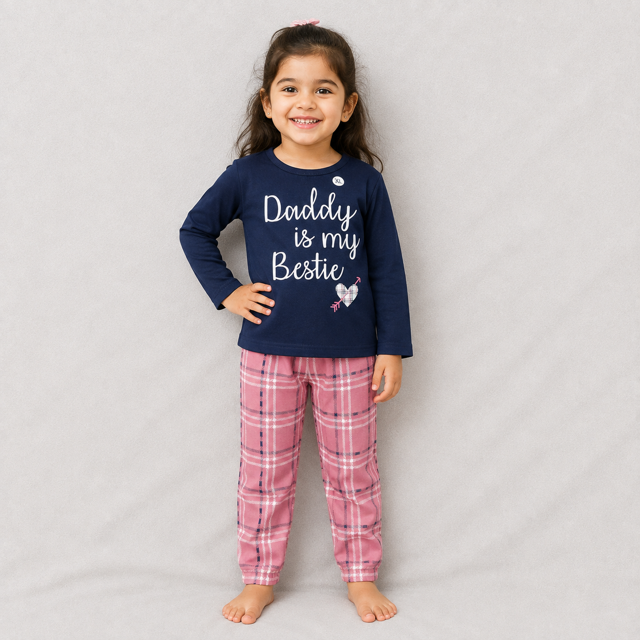 Grow Girls Navy Blue T-Shirt & Pink Check Pajama Set | Kids Nightwear