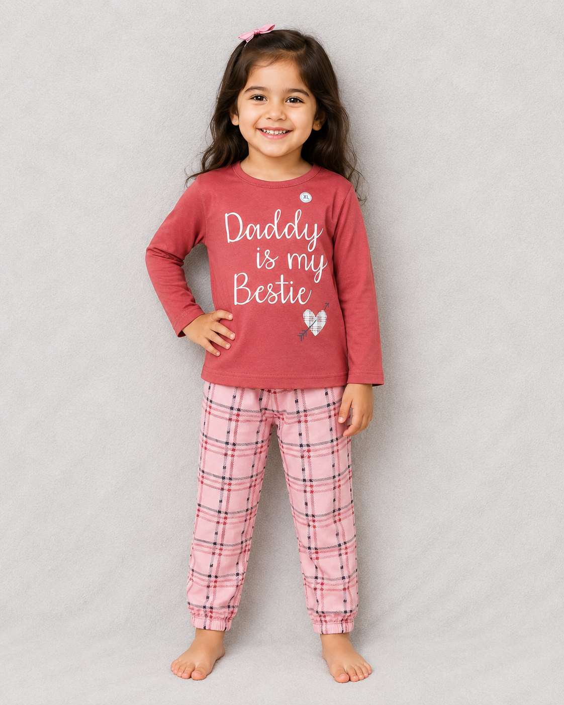 Girls Red Full Sleeve T-Shirt & Pink Check Pajama Set