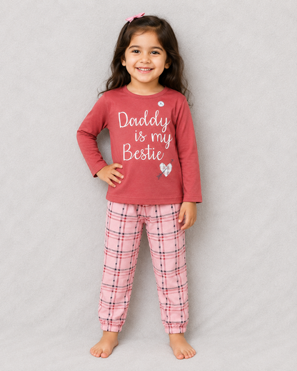Girls Red Full Sleeve T-Shirt & Pink Check Pajama Set