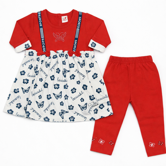 Lovmom Baby Girls Red Printed Tunic Top with Leggings Set Stylish Casual Outfit - Cutypi