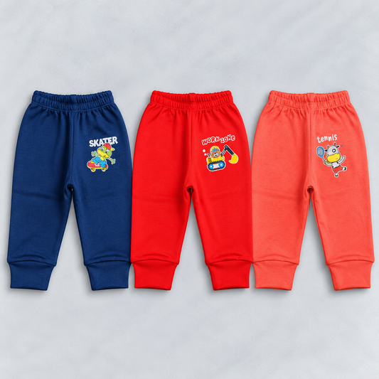 Cucumber baby boys pants set of 3 in navy blue, red and coral with colorful cartoon prints, elastic waistbands and ribbed ankle cuffs