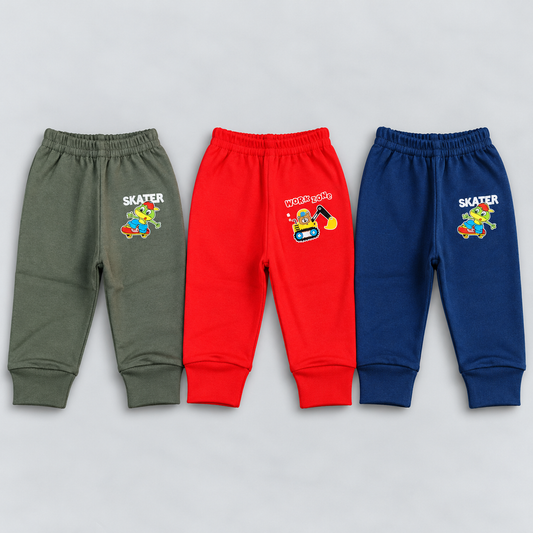 Cucumber baby boys jogger pants set of 3 in olive green, red and navy blue with colorful cartoon prints, elastic waistbands and ribbed ankle cuffs