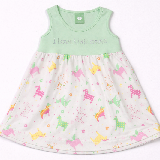 Baby Girls Unicorn Print A-Line Dress - Green